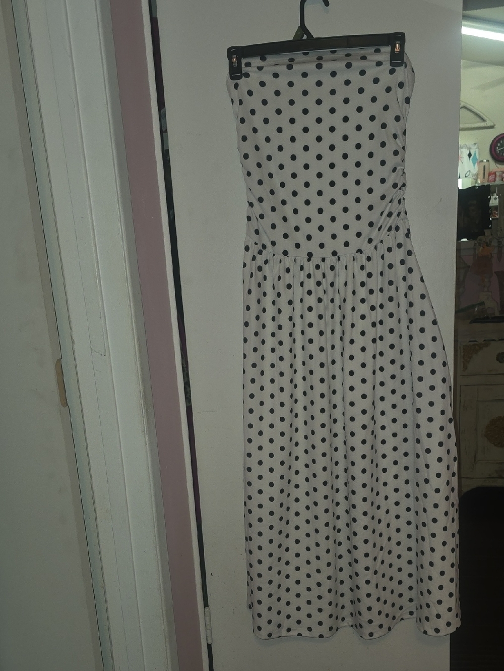 White Polka Dot Strapless Midi Dress